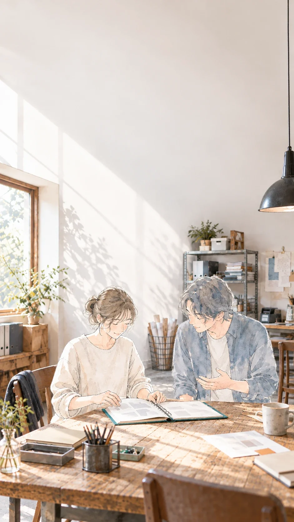 小さな事務所で、数人が机を囲み、仕事の手順を紙に書き出している場面