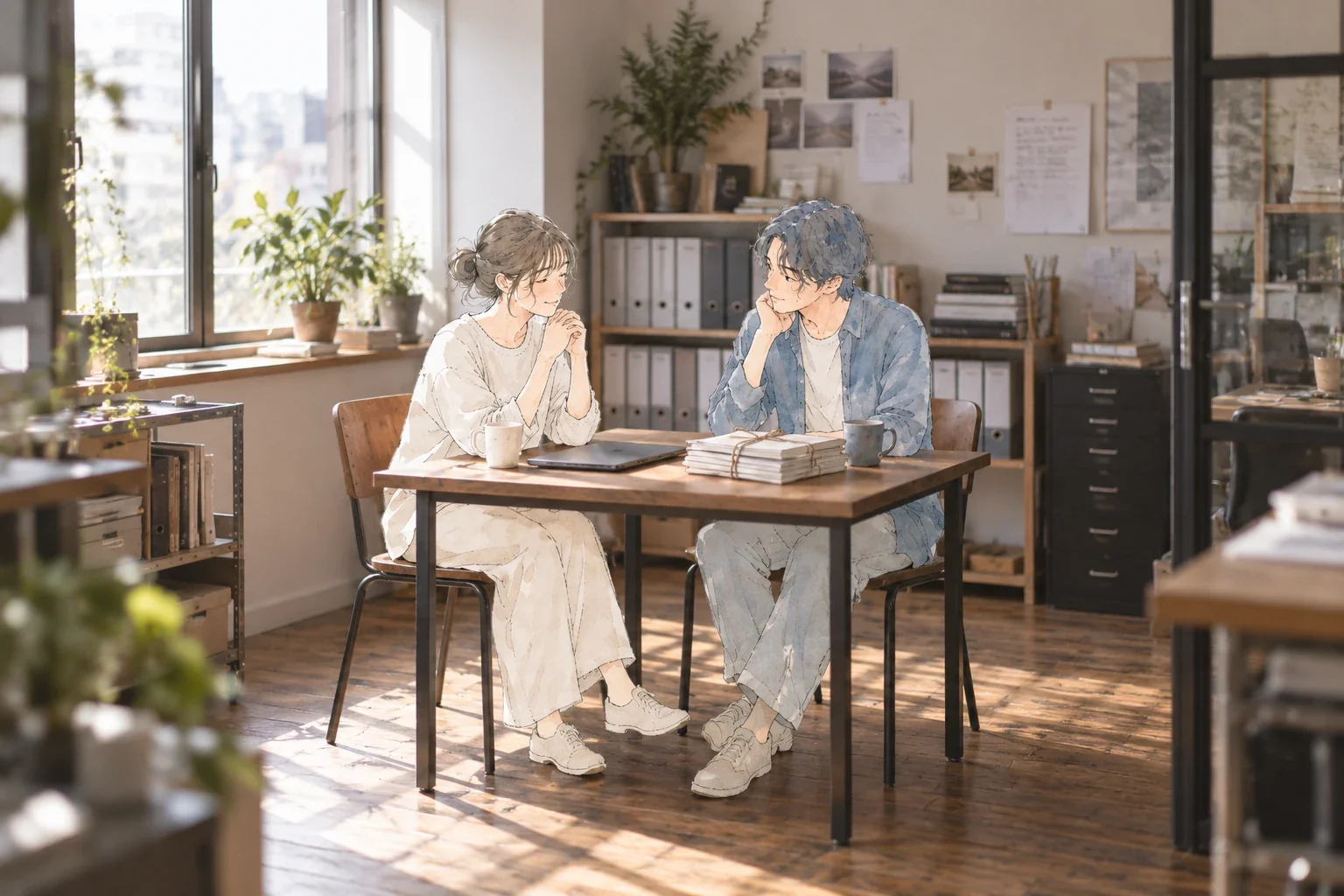 片付いた机で、次の仕事の段取りを話している2人