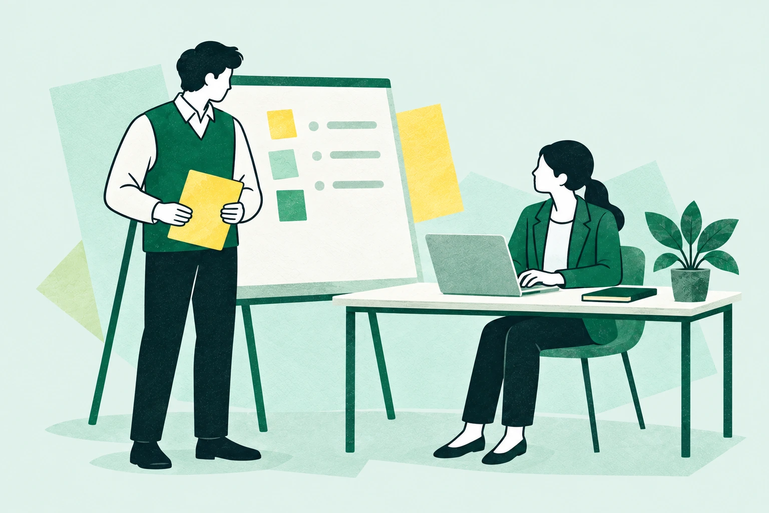 仕事の流れを整理する人とパソコンで制作する人のイラスト
